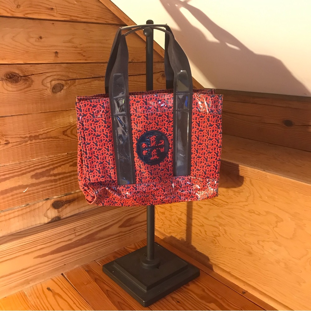 Tory Burch Red Navy Waterproof Tote Bag, EUC, 16”